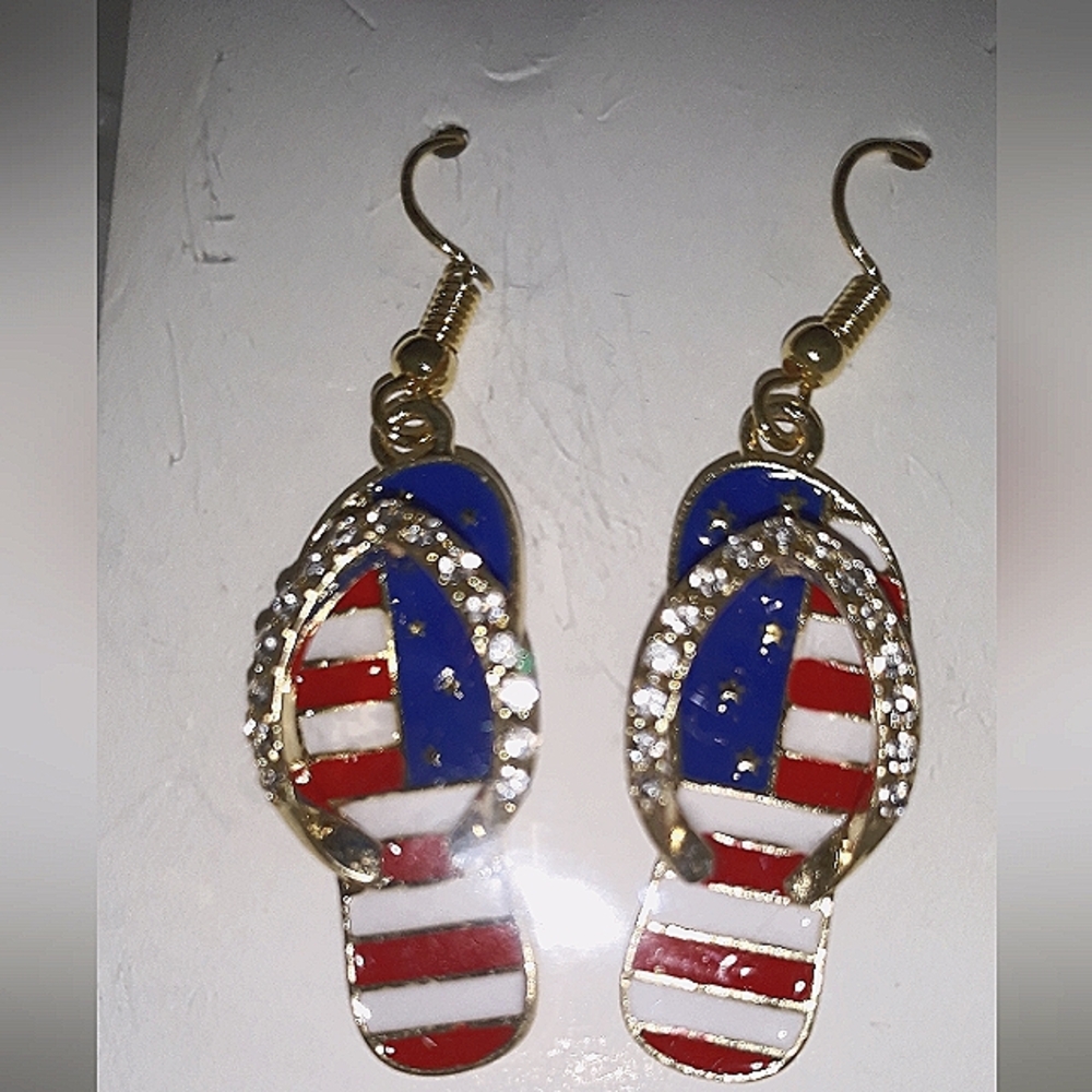 Fourth of July Earrings SKULL  Teardrop wood acrylic patriotic 925 ss wires NEW - Picture 11 of 13